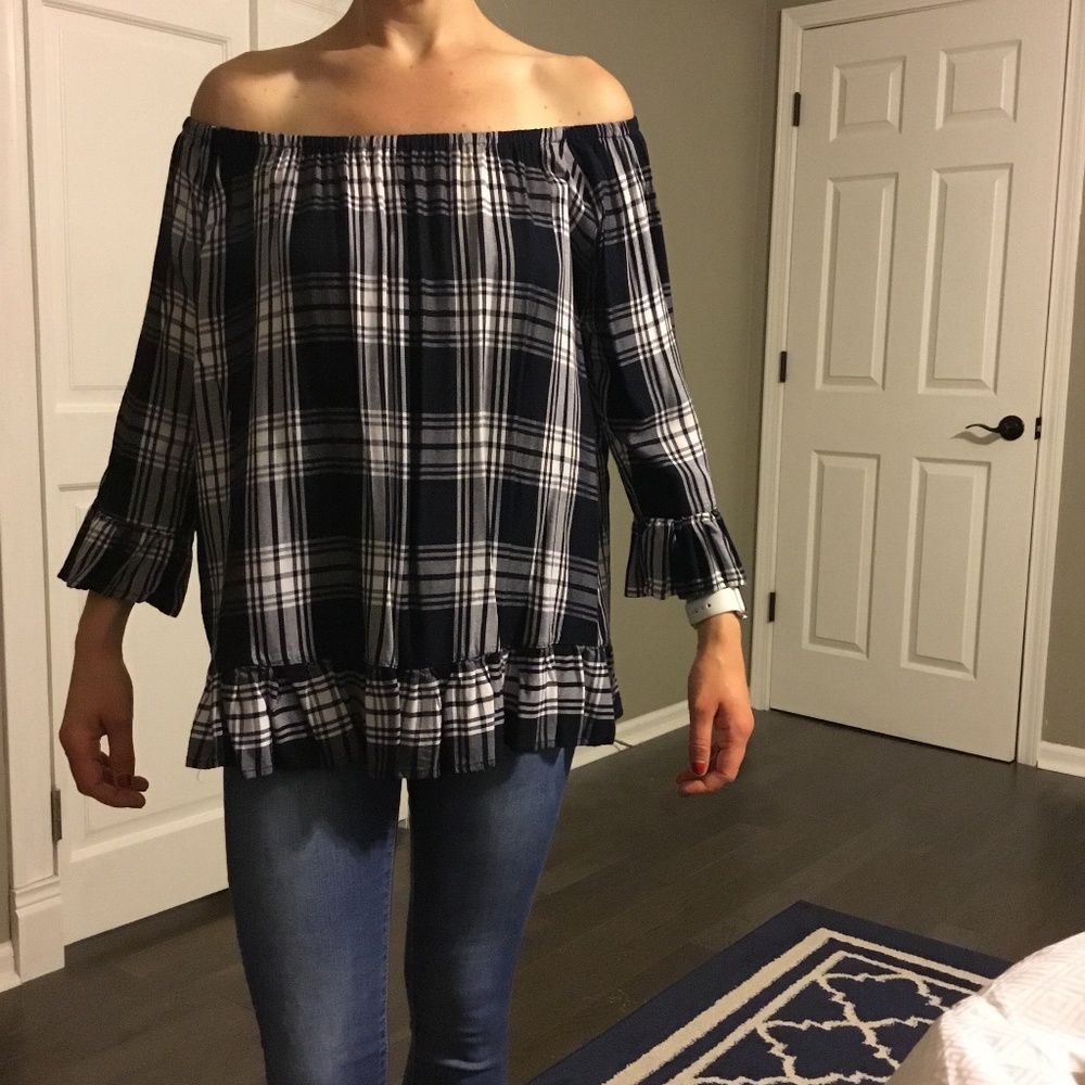 Off the shoulder rayon/ drapey plaid shirt